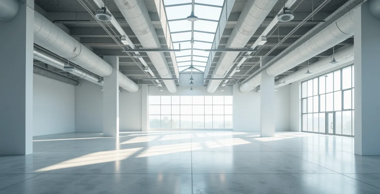 Espace industriel épuré avec équipement de filtration intégré dans l'architecture