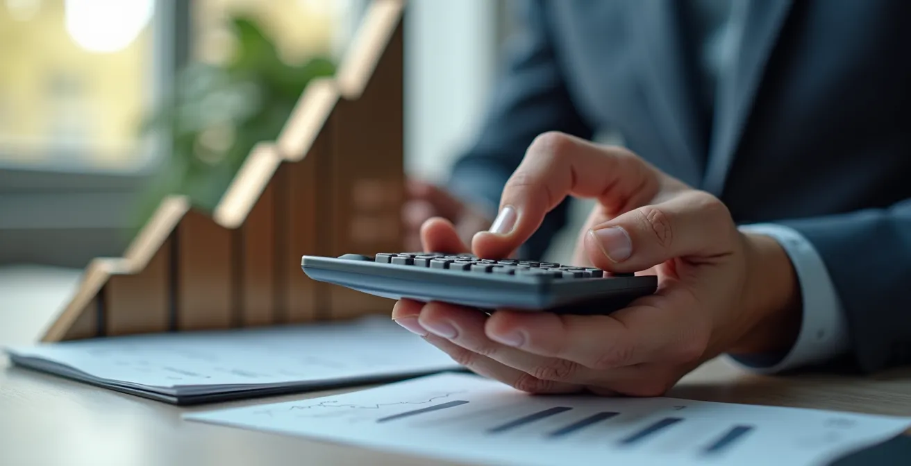 Main tenant une calculatrice industrielle avec graphiques de ROI en arrière-plan